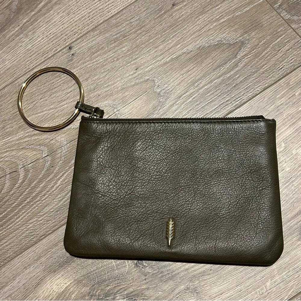 Thacker New York Olive Green Leather Clutch / Wristlet with Ring handle.